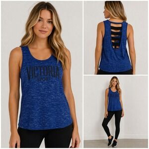 Victoria Sport Womens Blue Space Dye Strappy Back Logo Tank Top Medium